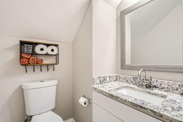 338 Liberty St, Hutto, TX 78634 - bathroom featuring toilet, vaulted ceiling, and vanity