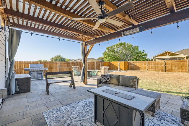 338 Liberty St, Hutto, TX 78634 - fenced backyard with grilling area, an outdoor fire pit, a patio, a pergola, and a ceiling fan