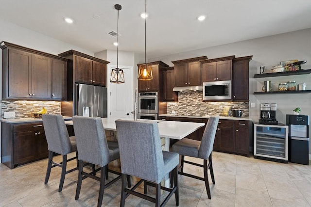 kitchen with backsplash, dark brown cabinetry, stainless steel appliances, and wine cooler