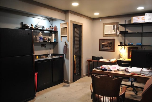 home office with light colored carpet, wet bar, recessed lighting, and a sink