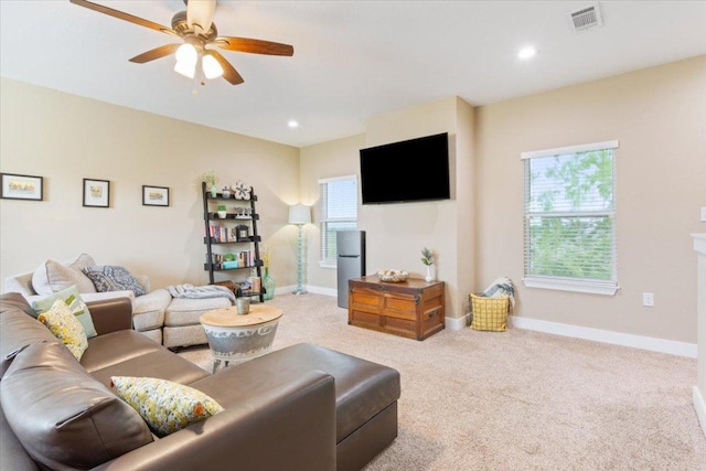 160 Buccaneer Way, Waco, TX 76638 - living room featuring ceiling fan, carpet, baseboards, and recessed lighting
