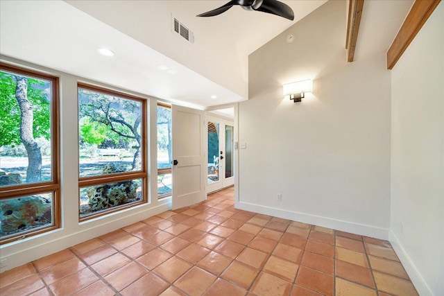 spare room with recessed lighting, baseboards, light tile patterned floors, ceiling fan, and visible vents