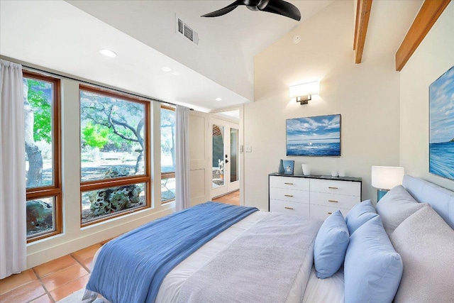 bedroom with ceiling fan, light tile patterned flooring, visible vents, and recessed lighting