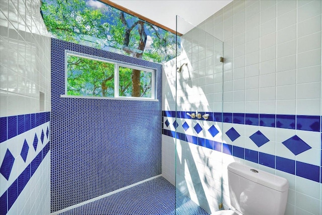 full bathroom featuring toilet, tile walls, and walk in shower
