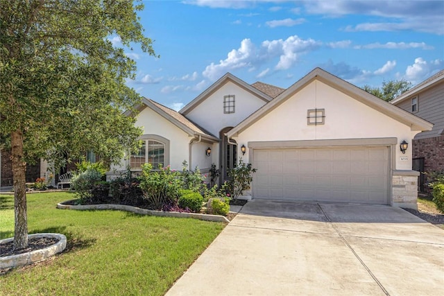 view of front of house with driveway, a garage, stucco siding, stone siding, and a front lawn