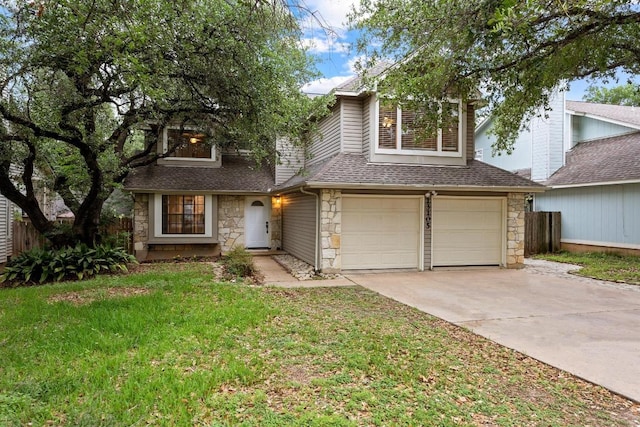 13105 Lubbock Ln, Austin, TX 78729 - view of front of home featuring stone siding, an attached garage, roof with shingles, and driveway