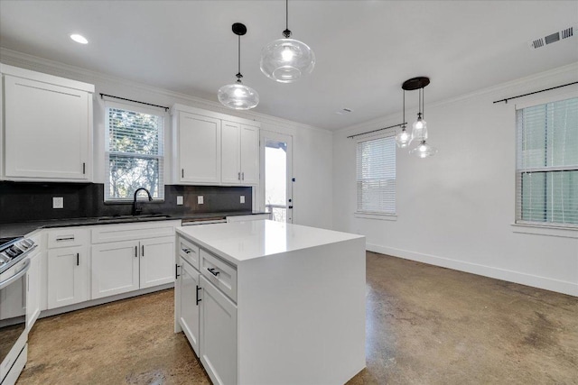 294 Shady Bluff Dr, Wimberley, TX 78676 - kitchen with visible vents, tasteful backsplash, ornamental molding, and a sink