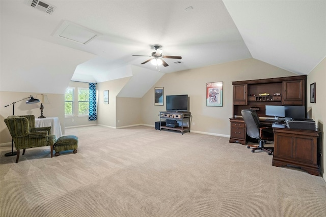 152 Florenz Ln, Georgetown, TX 78628 - office area with visible vents, baseboards, ceiling fan, light carpet, and lofted ceiling