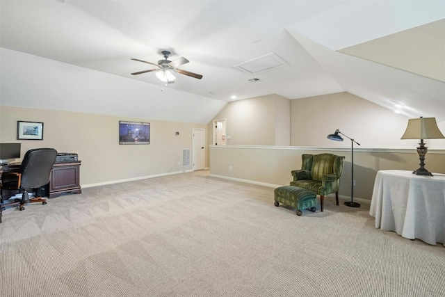 152 Florenz Ln, Georgetown, TX 78628 - office featuring carpet flooring, vaulted ceiling, baseboards, and a ceiling fan