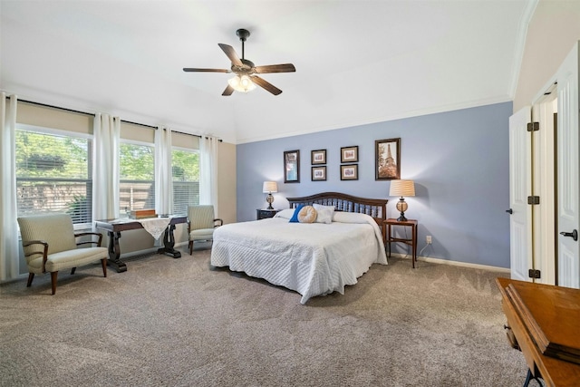 152 Florenz Ln, Georgetown, TX 78628 - carpeted bedroom featuring baseboards, crown molding, a ceiling fan, and vaulted ceiling