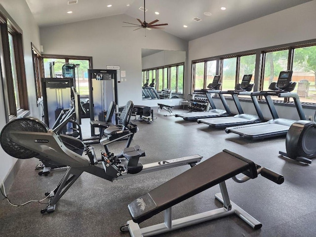 152 Florenz Ln, Georgetown, TX 78628 - gym with ceiling fan, visible vents, recessed lighting, and high vaulted ceiling