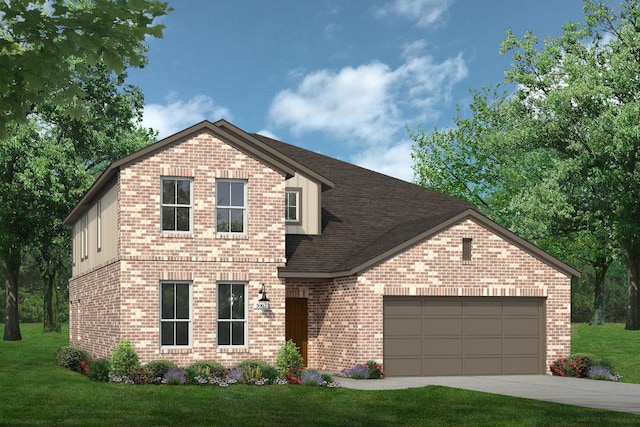 view of front of house with an attached garage, concrete driveway, a front lawn, brick siding, and roof with shingles