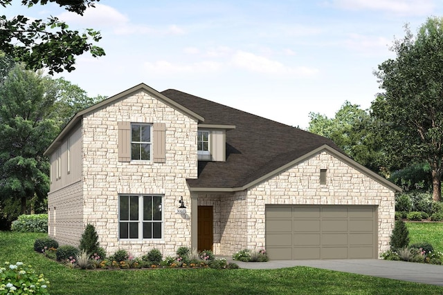 view of front facade featuring concrete driveway, stone siding, roof with shingles, and a garage