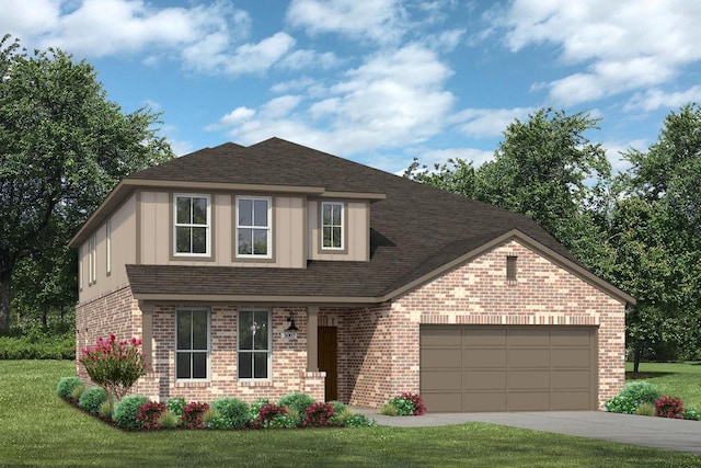view of front of house featuring brick siding, a garage, concrete driveway, roof with shingles, and a front lawn