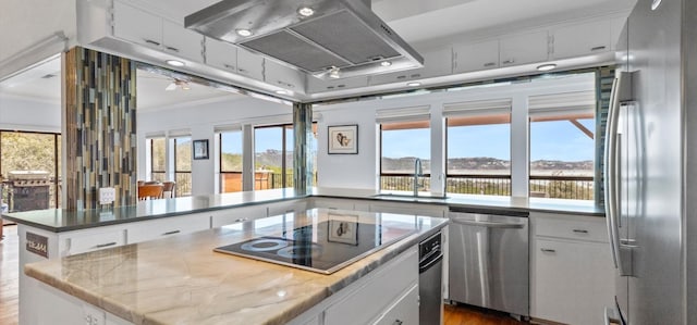 6714 Mtn Trl, Austin, TX 78732 - kitchen featuring appliances with stainless steel finishes, a sink, crown molding, island exhaust hood, and white cabinets