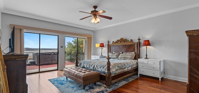 6714 Mtn Trl, Austin, TX 78732 - bedroom with access to outside, wood finished floors, baseboards, ornamental molding, and a ceiling fan