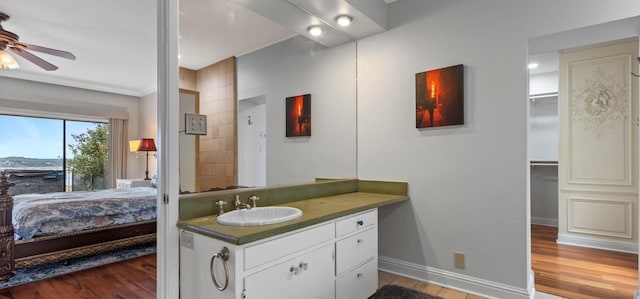 6714 Mtn Trl, Austin, TX 78732 - full bathroom with vanity, ceiling fan, baseboards, and wood finished floors