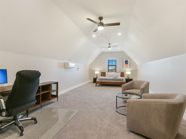bedroom featuring vaulted ceiling, carpet flooring, baseboards, and a wall unit AC