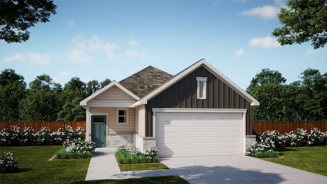 view of front of home featuring fence, a garage, stone siding, concrete driveway, and a front yard