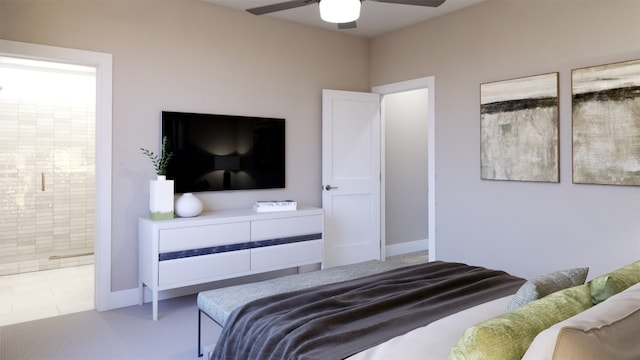 bedroom with carpet, ensuite bathroom, baseboards, and ceiling fan