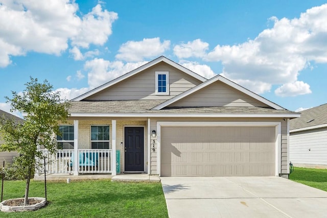 519 Mallow Dr, New Braunfels, TX 78130 - craftsman house featuring covered porch, an attached garage, a shingled roof, concrete driveway, and a front yard