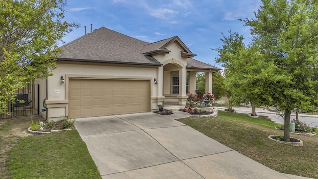 3821 Tordera Dr, Austin, TX 78738 - view of front of house with driveway, a garage, stucco siding, a shingled roof, and a front lawn