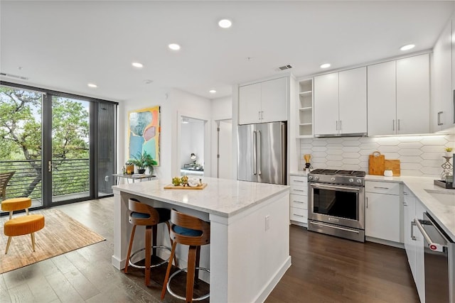 900 S 1st St S Unit 404, Austin, TX 78704 - kitchen featuring stainless steel appliances, open shelves, healthy amount of natural light, a kitchen island, and floor to ceiling windows