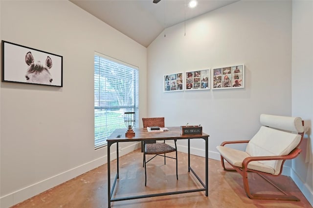 3108 Jubilee Trl, Austin, TX 78748 - office space featuring baseboards, a ceiling fan, concrete flooring, and vaulted ceiling