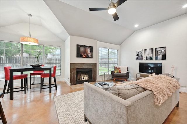 3108 Jubilee Trl, Austin, TX 78748 - living room with lofted ceiling, baseboards, ceiling fan, and plenty of natural light
