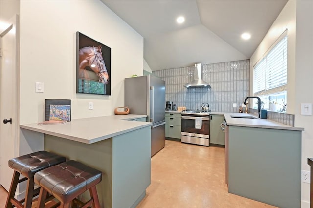 3108 Jubilee Trl, Austin, TX 78748 - kitchen featuring a breakfast bar, a sink, a peninsula, wall chimney exhaust hood, and appliances with stainless steel finishes