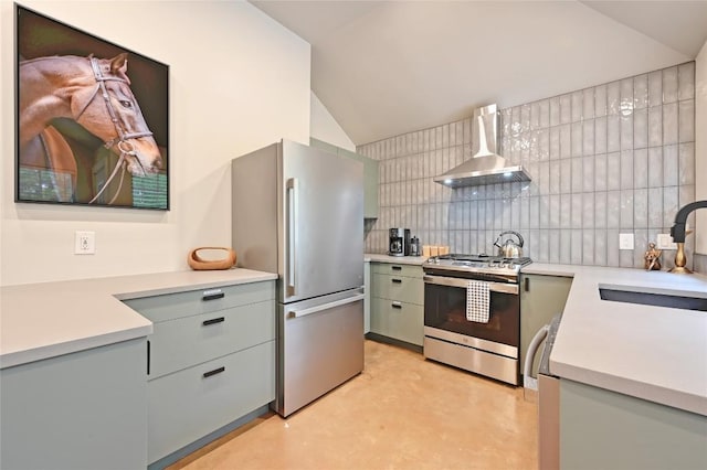 3108 Jubilee Trl, Austin, TX 78748 - kitchen with a sink, wall chimney exhaust hood, stainless steel appliances, decorative backsplash, and vaulted ceiling
