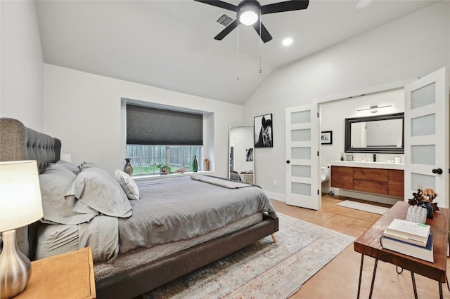 3108 Jubilee Trl, Austin, TX 78748 - bedroom featuring visible vents, recessed lighting, vaulted ceiling, a ceiling fan, and connected bathroom