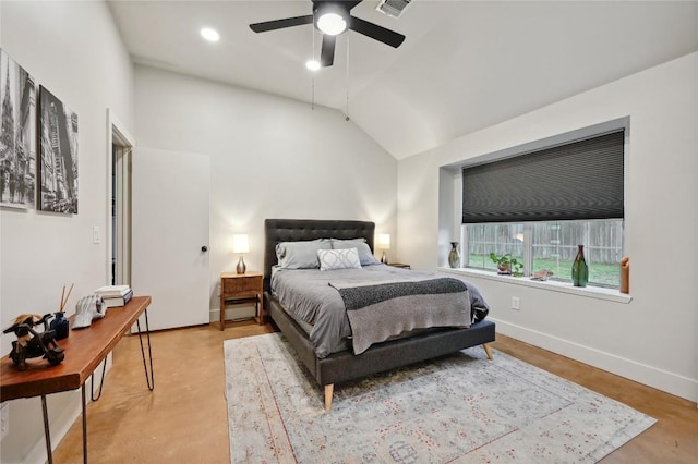 3108 Jubilee Trl, Austin, TX 78748 - bedroom featuring finished concrete floors, vaulted ceiling, baseboards, and visible vents