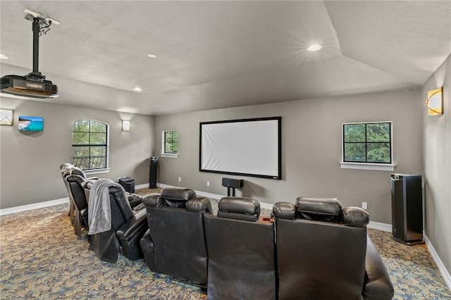 cinema featuring carpet flooring, baseboards, and recessed lighting