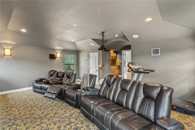 home theater room featuring recessed lighting, baseboards, carpet flooring, visible vents, and vaulted ceiling