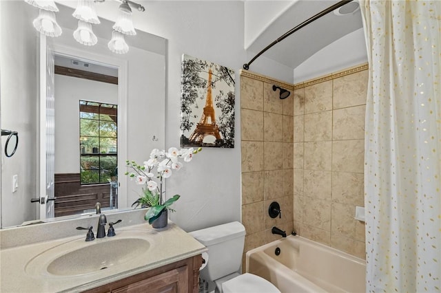 bathroom with vanity, shower / bathtub combination with curtain, visible vents, and toilet