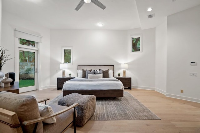 3007 Windsor Rd Unit B, Austin, TX 78703 - bedroom with access to outside, baseboards, light wood finished floors, a ceiling fan, and recessed lighting