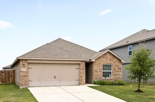18720 Speculator Ln, Elgin, TX 78621 - view of front of home featuring fence, an attached garage, brick siding, concrete driveway, and a front lawn