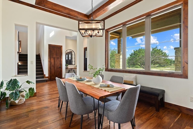21216 Bertram Ln, Spicewood, TX 78669 - dining room with stairway, a chandelier, wood-type flooring, beam ceiling, and baseboards