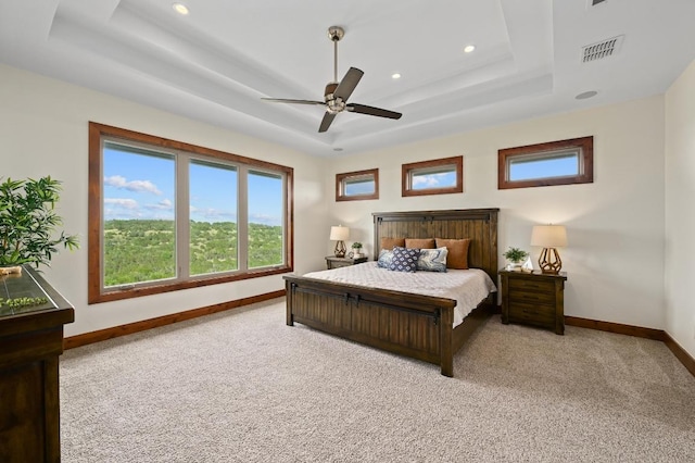21216 Bertram Ln, Spicewood, TX 78669 - bedroom with a tray ceiling, baseboards, carpet, recessed lighting, and ceiling fan