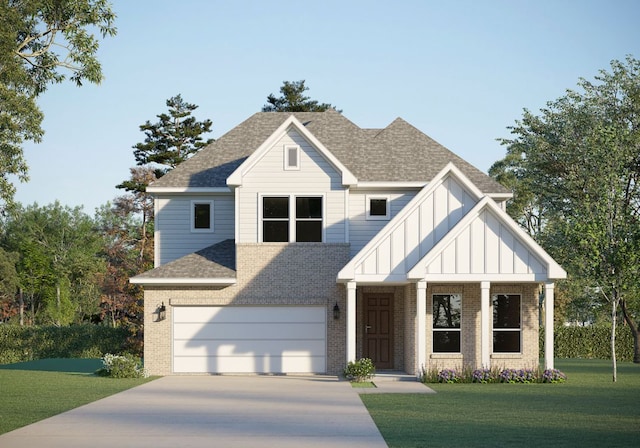 20233 Smedley Dr, Pflugerville, TX 78660 - modern farmhouse style home featuring concrete driveway, board and batten siding, a front yard, brick siding, and roof with shingles