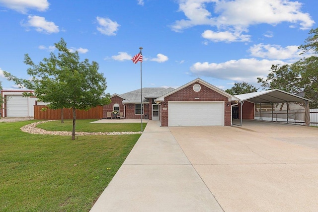 5315 Denmans Loop, Belton, TX 76513 - ranch-style house with driveway, brick siding, fence, an attached garage, and a front lawn