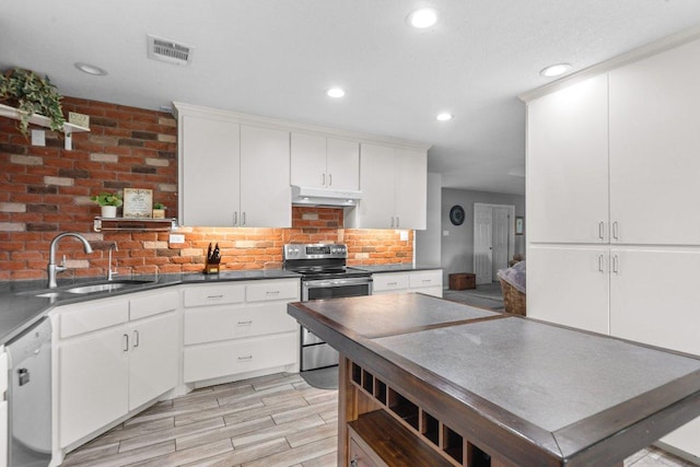 5315 Denmans Loop, Belton, TX 76513 - kitchen with under cabinet range hood, dishwasher, a sink, stainless steel electric stove, and dark countertops