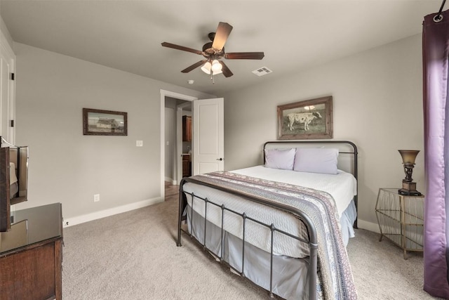 413 Creekside Dr, Salado, TX 76571 - bedroom with light colored carpet, baseboards, ceiling fan, and visible vents