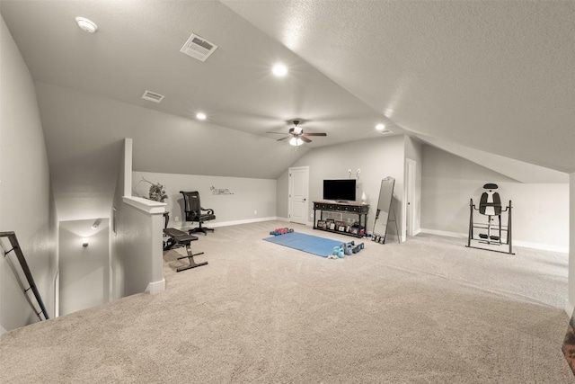413 Creekside Dr, Salado, TX 76571 - workout room with carpet flooring, a ceiling fan, visible vents, and lofted ceiling