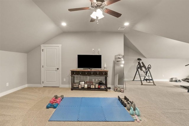 413 Creekside Dr, Salado, TX 76571 - workout room featuring ceiling fan, lofted ceiling, carpet floors, and visible vents