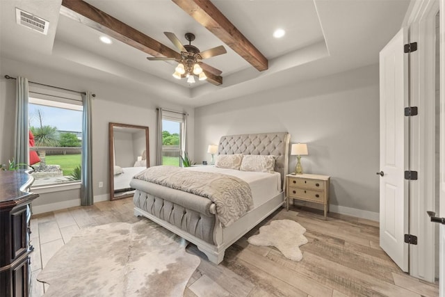 413 Creekside Dr, Salado, TX 76571 - bedroom featuring a tray ceiling, baseboards, visible vents, light wood-style floors, and beam ceiling