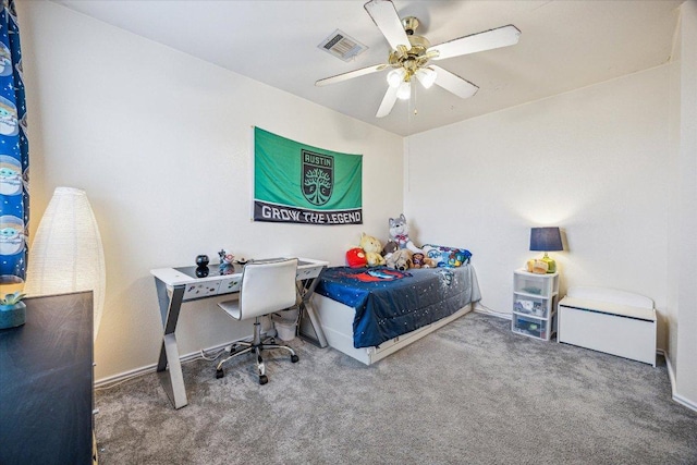 bedroom with carpet, a ceiling fan, and visible vents