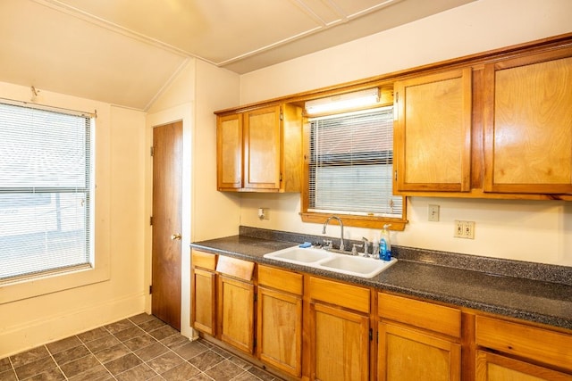 1226 Saint Matthew St, Gonzales, TX 78629 - kitchen featuring a sink, lofted ceiling, dark countertops, and brown cabinets