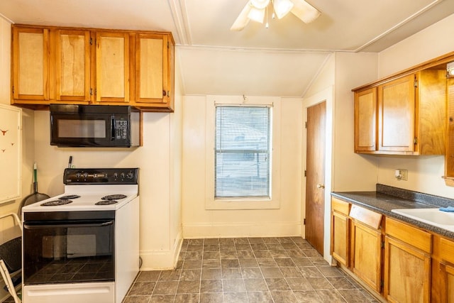 1226 Saint Matthew St, Gonzales, TX 78629 - kitchen featuring brown cabinets, black microwave, a ceiling fan, dark countertops, and electric stove